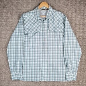 Howler‎ Bros Mens L Large Vented Plaid Pearl Snap Fishing Shirt Long Sleeve Blue